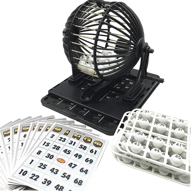 Reusable Bingo Neo Bingo Lotto Machine set featuring a black rotating cage with numbered balls, 18 bingo cards, and 150 round chips. Made from rustproof iron, this durable and portable set is ideal for family or group entertainment. Includes a ball slide for easy handling and reuse. Dimensions: 8.46x6.88x7.28 inches (21.5x17.5x18.5 cm).