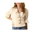 thumbnail image 2 of INSPIRE CHIC Blouse en Mousseline Semi-Transparente pour Femme à Volants, Col en V, Manches Bouffantes au Coude, TP Beige, 2 of 8