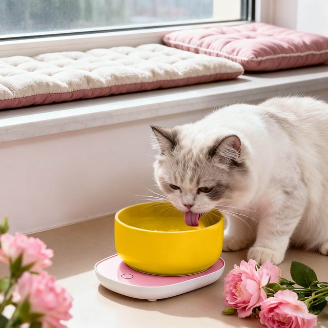 Distributeur Intelligent de Nourriture pour Chat à Température Contrôlée avec Bol en Céramique Isolé par USB pour Usage Intérieur, Plateau de Repas à Chauffage Automatique, Chauffage Intégré et Station d'Alimentation, Soins pour Animaux