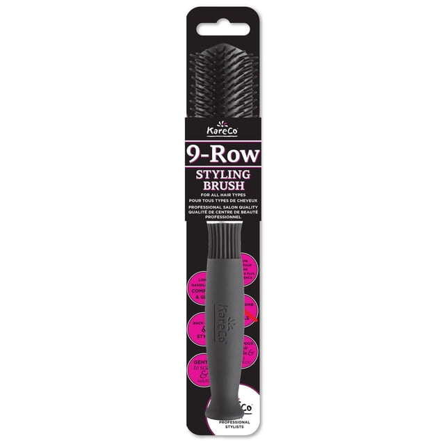 Kareco Brosse Résistante à la Chaleur à 9 Rangées avec Neuf Rangées de Poils Noirs et un Manche Ergonomique Noir, Conçue pour Coiffer, Démêler, Façonner et Définir les Cheveux, Montrée dans Son Emballage de Vente au Détail Noir original avec Texte Rose et Blanc.