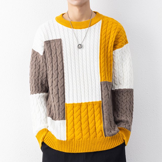 EGNMCR Pull Col Roulé pour Hommes, Pull Élastique Col Rond Tendance Texture Couleurs Assorties Manteau Pull Polyester pour Hommes