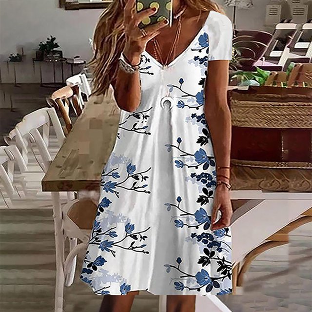 SMihono Robe d'Été pour Femmes Grande Taille Mode Décontractée Col en V Imprimé Ample Élastique Manches Courtes Jupe