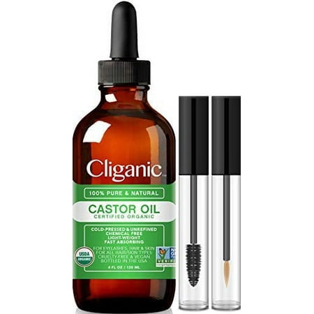 Cliganic Organic Castor Oil, 100% Pure (4oz with Eyelash Kit) - For Eyelashes, Eyebrows, Hair & Skin