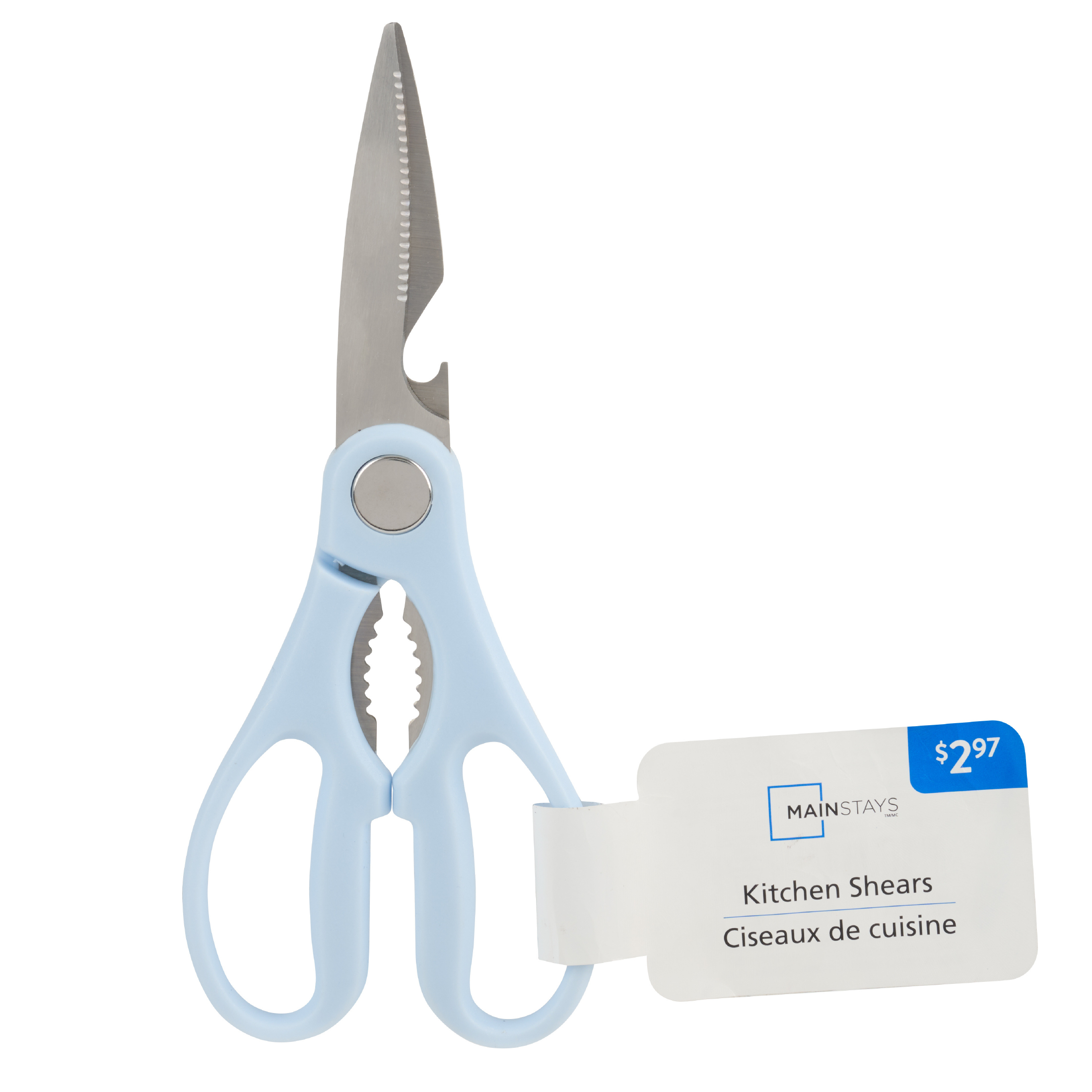 Ciseaux de cuisine Mainstays avec lames en acier inoxydable, décapsuleur et casse-noix intégrés, 19 cm, Bleu