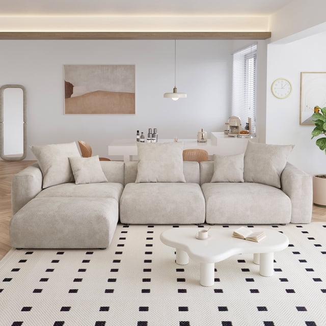 The Magic Home Canapé d'Angle Convertible 3 Places en Velours Côtelé Beige,