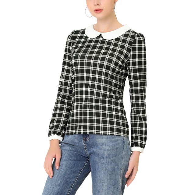INSPIRE CHIC Chemise à Carreaux à Manches Longues Contrastées pour Femme à Col Peter Pan