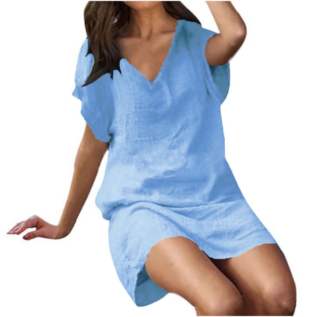 Robes d'Été Grande Taille pour Femmes 2024 à Manches Courtes, Couleur Unie, Col en V, Douces et Confortables, Longue Robe, Économisez jusqu'à 65 % de Rabais!