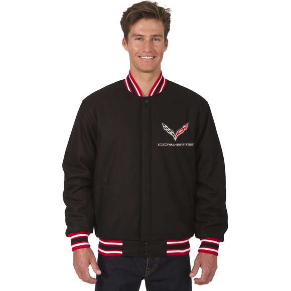 Mens Chevy Corvette All Wool Reversible Jacket with Embroidered Emblems with Black or Red Trim
