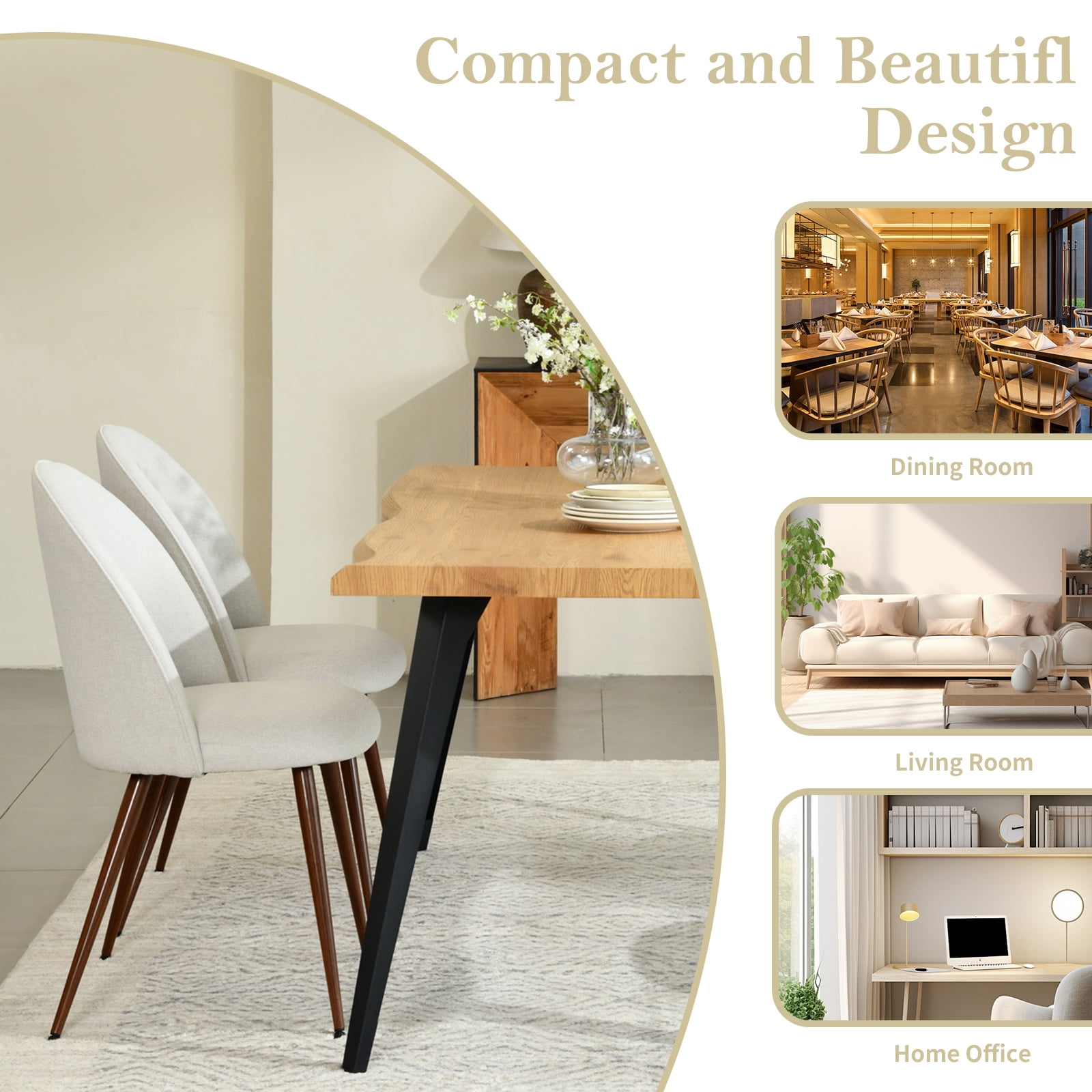 Homy Casa Lot de 2 Chaises de Salle à Manger, Chaises d'Appoint Rembourrées avec Pieds en Métal pour Cuisine, Crème