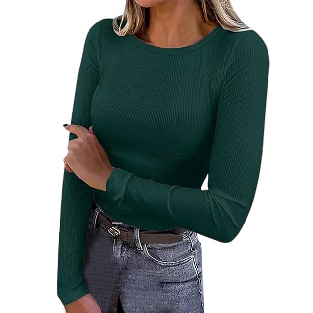WEIYLL Womens Long Sleeve Stretch Crewneck Ribbed T Shirt Fitted Solid Color Casual Basic Tops Dark Green