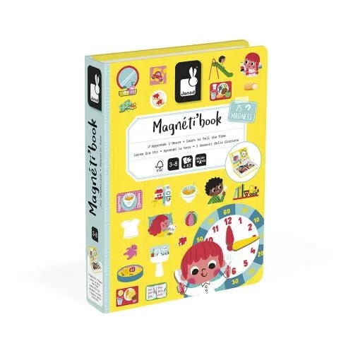 Janod MagnetiBook 94 pc Magnetic Telling Time Game for ages 3+, a yellow magnetic book with colorful illustrations, 75 magnets, and 8 double-sided cards depicting daily scenes and a clock with movable hands to teach time and routines, ideal for travel and easy storage.