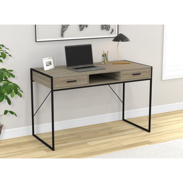 Safdie & Co. Writing Desk/Computer Table/Gaming Office Desk-48"L/Grey Wood/Black Metal with a smooth grey wood grain finish, two storage drawers, and an open middle shelf, supported by a black metal frame with clean lines, shown in a bright room with light hardwood floors, a laptop, desk lamp, and plant, ideal for office or gaming use.