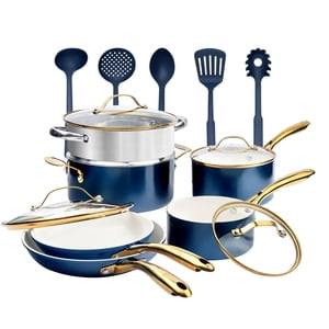 Gotham Steel Crème marine 15 Pièce Ultra Céramique antiadhésif Ensemble de produits de cuisine avec poignées en or Induction Lave-vaisselle four Safe