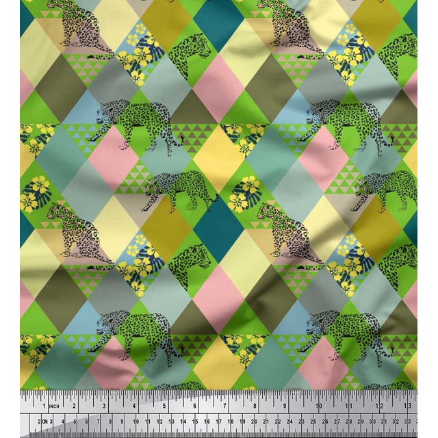 Soimoi Tissu Satin Modal Imprimé Léopard & Argyle Patchwork 1 Yard 42 Pouces de Large