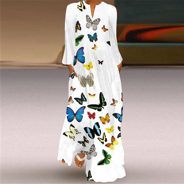 Robes Grande Taille pour Femmes Robe Longue Aguichant à Imprimé Numérique Col en V avec Poches Robe à Manches Longues Robes à Manches Longues en Liquidation