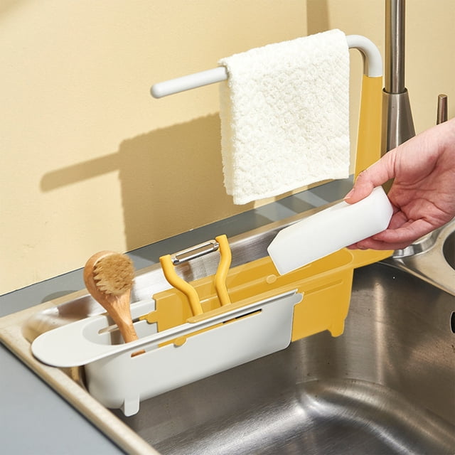 Retractable Water Filter Rack Basket - Expandable Sink Mounted organizer Multi-Functional Drying Rack & Utensil Holder Sturdy, Yellow, JKODE
