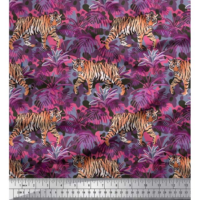Soimoi Modal Satin Fabric texture,leaves & tiger Animal Print Sewing Fabric Yard 42 Inch Wide