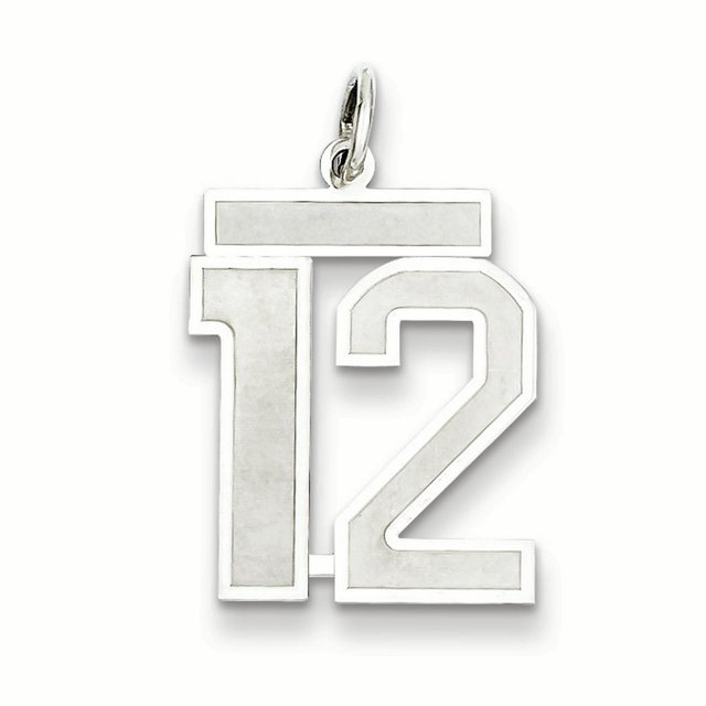 Sterling Silver Rhodium-plated Medium Satin Number 12 Charm QPM12 (22mm x 18mm)