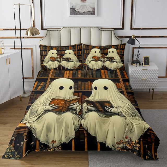 Erosebridal Spooky Animal Coverlet Set Queen, Retro Library Book Bed Quilt Halloween Decor, 3 Pieces