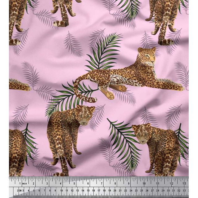 Soimoi Modal Satin Fabric Leaves & Leopard Animal Printed Craft Fabric by The Yard 42 Inch Wide