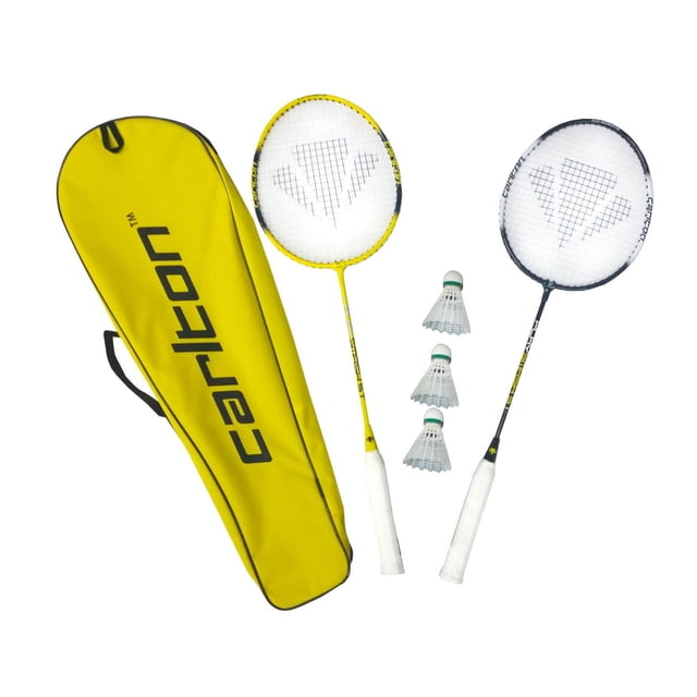 Carlton Smash Badminton Set including two steel racquets with white grips and yellow and black frames, three premium white shuttlecocks, and a yellow carry bag with Carlton branding, ideal for indoor and outdoor recreational play.