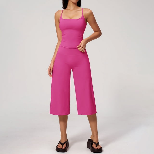 PISONIC Womens Workout Sets Two Piece Spaghetti Straps Tank Top Matching Wide Leg Capri Pants Gym Work Pilates Outfits