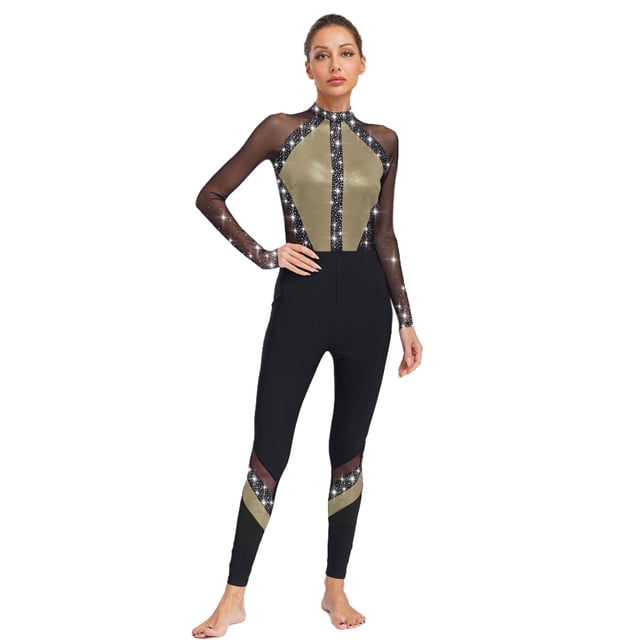 Jizyo Women's Long Sleeve Dance Unitard Shiny Rhinestone Full Body Suits One Piece Jumpsuits Gold S