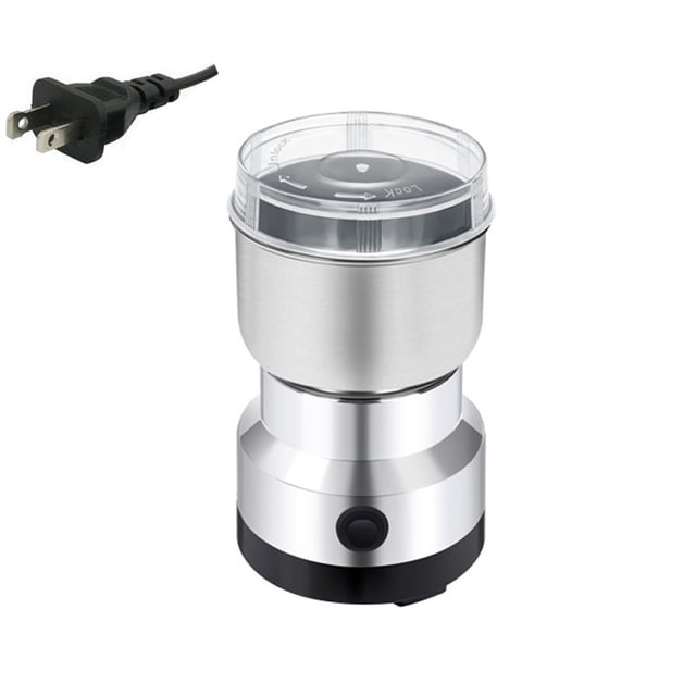 Generic Compact Electric Coffee Bean & Spice Grinder for Home Use, 110V, featuring a 360° cross-shaped blade and adjustable grinding time. The grinder has a durable 304 stainless steel grinding cup, a high-torque 250W copper motor, and a compact design. Suitable for grinding coffee beans, spices, grains, pet food, and more. Shown with a transparent lid, a power button on the base, and a detachable power cord.