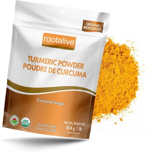 Rootalive Organic Turmeric Powder 454g (1lb) in a resealable pouch, certified USDA Organic and Gluten-Free. The vibrant orange curcumin powder is displayed next to the packaging, showcasing its rich earthy flavour and suitability for bulk pantry use, culinary dishes, and health drinks.