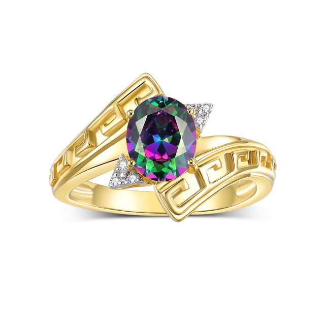 RYLOS Rings for Women 14K Yellow Gold Greek Key Designer Ring 9X7MM Gemstone & Diamond Ring June Alexandrite Jewelry Size 8