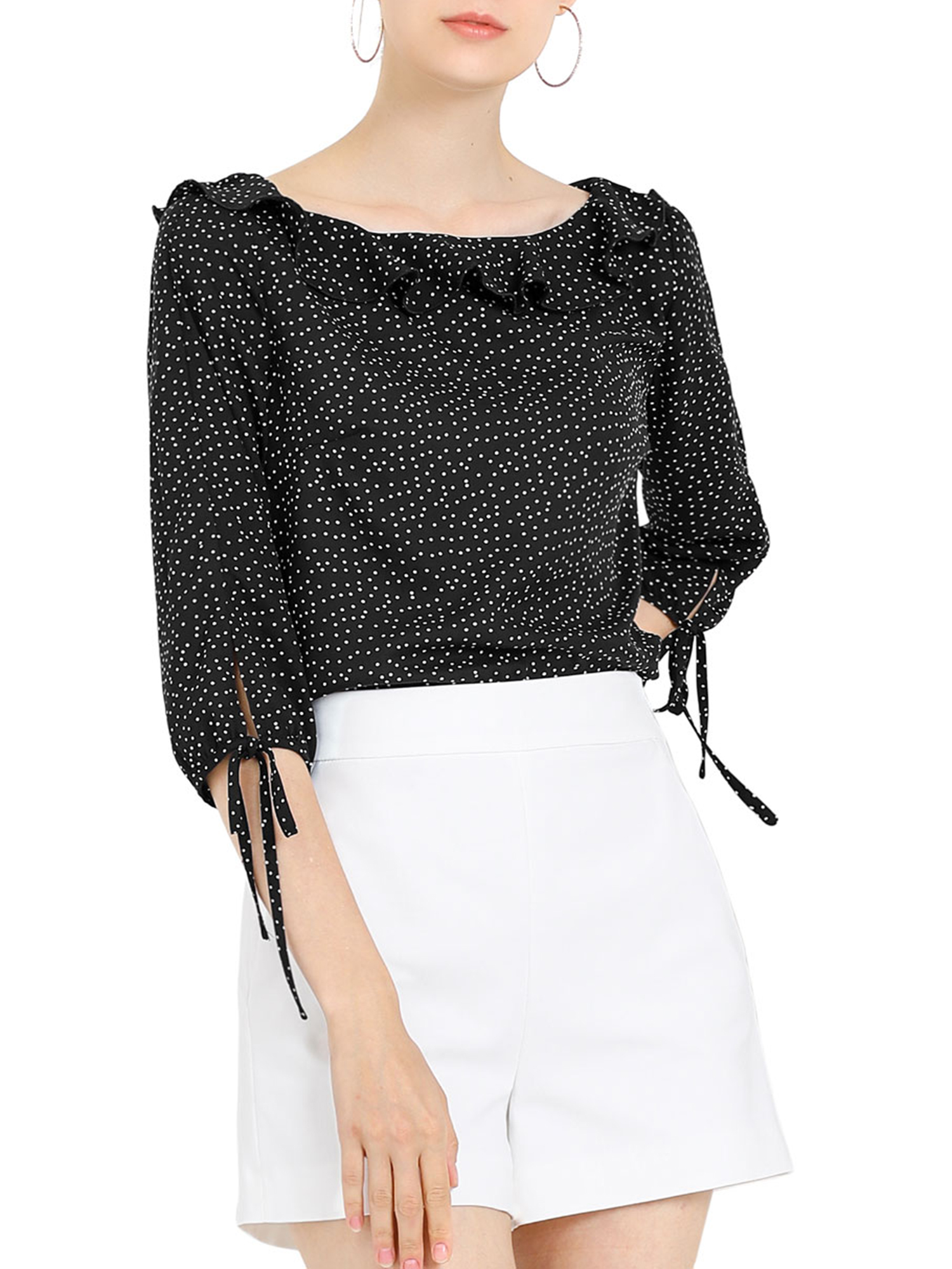 INSPIRE CHIC Women's Ruffled Neck Half Sleeve Sheer Summer Polka Dots Blouse Tops