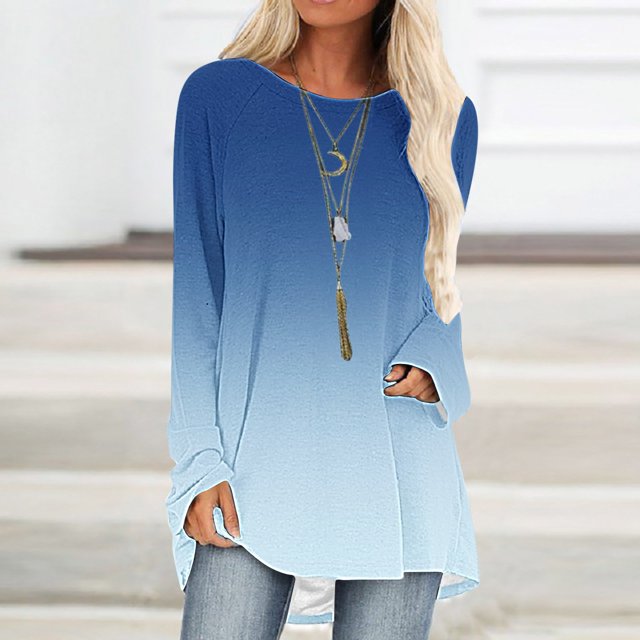Wiyuqeen T-Shirts à Manches Raglan Longues pour Femmes Chic Décontracté Col Rond Chandail Doux Tendance Couleur Dégradée Chandails à Manches Longues Automne Amples Fluides Longues Tuniques