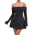 thumbnail image 3 of Robe Mini pour Femmes à Épaules Dénudées à Manches Longues Robe Trapèze Courte Robes Formelles Tenue de Fête Boîte de Nuit Noir TP, 3 of 8