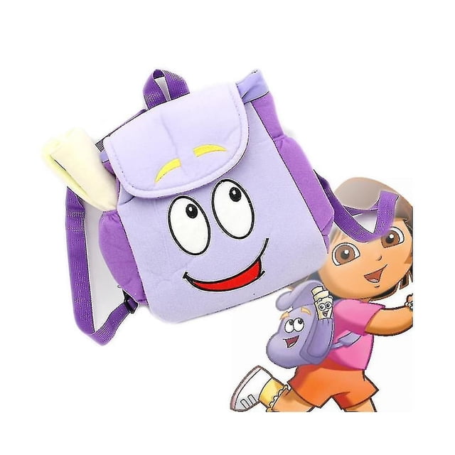 Dora The Explorer purple plush kids backpack with a cheerful cartoon face design, yellow eyebrows, and a red smile. Includes a rolled map accessory on the side and adjustable purple straps for comfort. Made of soft, lightweight cloth material, measuring 30x29x7cm. Ideal for school, outdoor activities, or cosplay events.