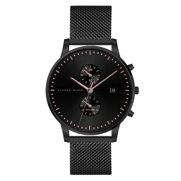 Alfred Sung Dual Time Black dial Black stainless steel mesh Men's watch