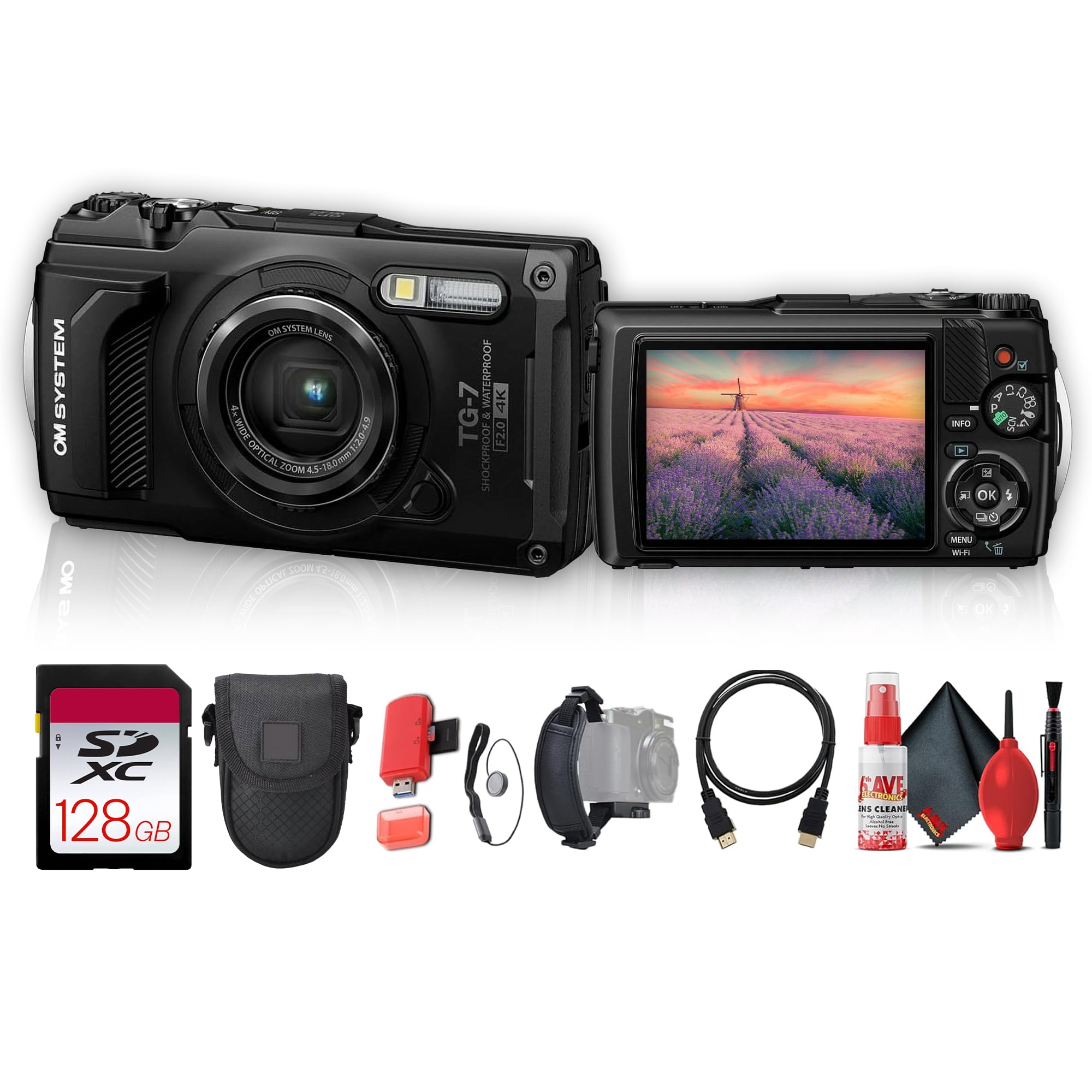 OM SYSTEM Tough TG-7 Digital Camera (Black) (V110030BU000) Bundle