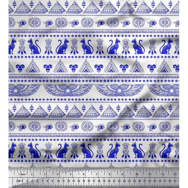 Soimoi polyester Crepe Fabric Cat,Pyramids & Wings Egyptian Printed Craft Fabric by the Yard 52 Inch Wide
