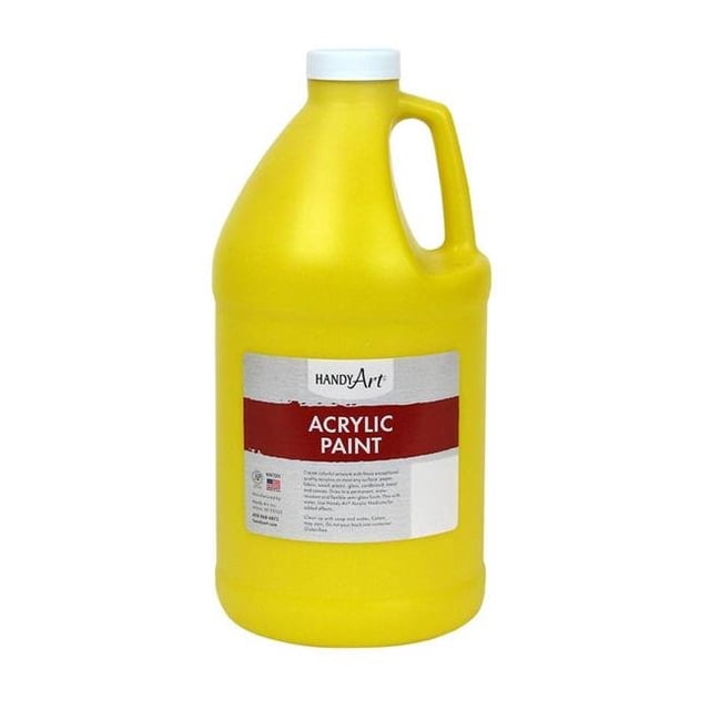 Rock Paint & Handy Art RPC102010 Half Gallon Acrylic Paint in Chrome & Yellow. The container is a large, bright yellow jug with a handle and a red and white label displaying the Handy Art logo and product details. This water-based, non-toxic acrylic paint dries to a semi-gloss, flexible, and water-resistant finish, suitable for use on surfaces like paper, fabric, wood, plastic, glass, cardboard, metal, and canvas. Made in the USA, it is ideal for classroom or art studio use.