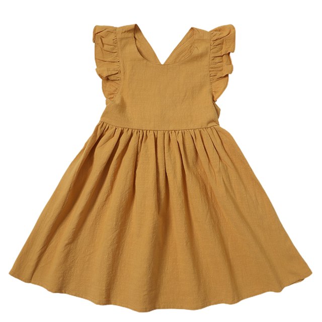 FAIWAD Robe en Coton et Lin pour Tout-Petit Fille, Manches à Volants, Sans Manches, Dos Croisé pour Enfants, Robe d'Été Boutonnée
