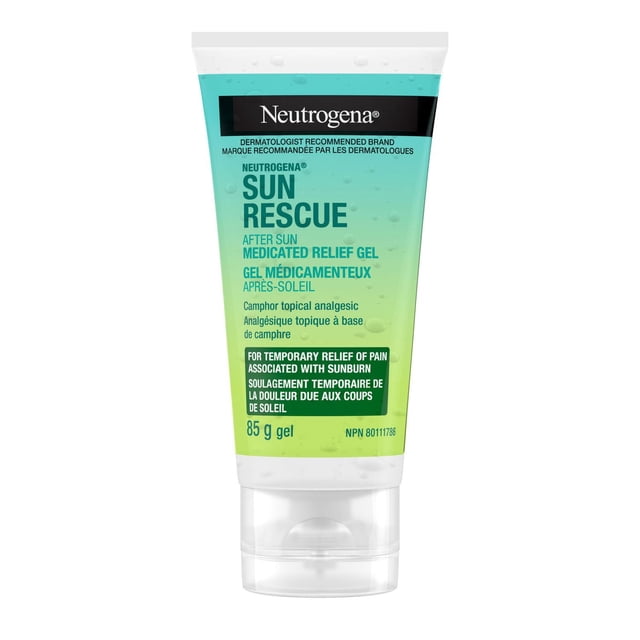 Neutrogena Sun Rescue After Sun Gel de Soulagement Médicamenteux en tube de 85 g avec Étiquette Dégradé Bleu à Vert, Contenant 0,45 % de Camphre pour le Soulagement Temporaire de la Douleur et des Démangeaisons Liées aux Coups de Soleil et aux irritations Cutanées Mineures, Convient aux Soins After Sun.