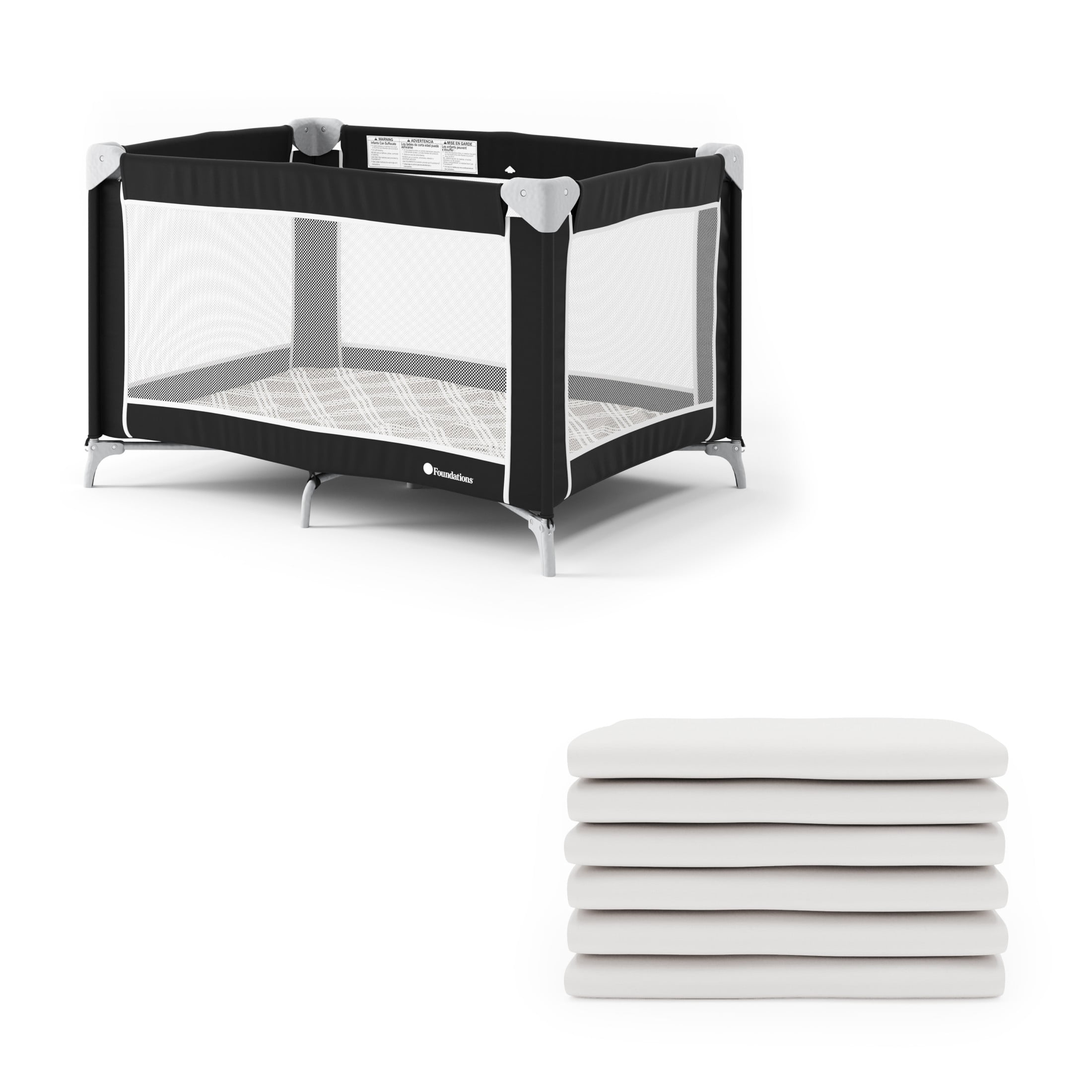 Foundations Sleep 'N Store Play Yard & Sheets Bundle - Commercial-Grade Playpen with Mattress, Storage Bag & 6 White Sheets - Durable for Hotels & Daycares