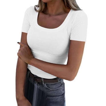 ManxiVoo Essential Ribbed Knit Tee for Women Scoop Neck Short Sleeve Fitted Basic Top Summer Casual Slim Shirt XXL Size White