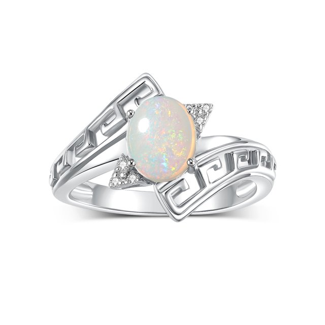 RYLOS Rings for Women Sterling Silver Greek Key Designer Ring 9X7MM Gemstone & Diamond Ring October Opal Jewelry Size 7