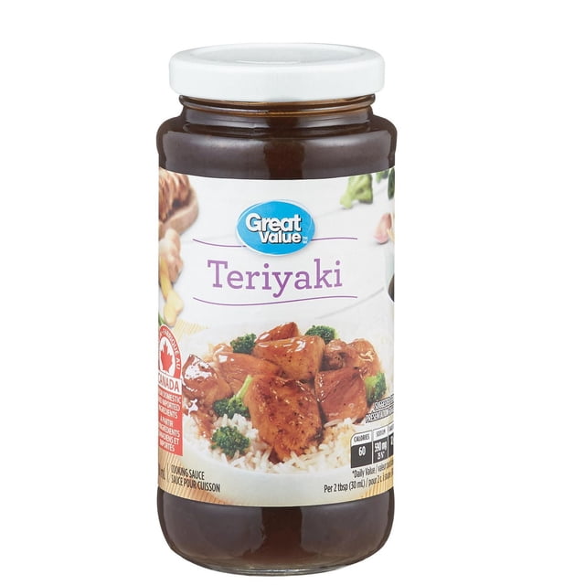 Great Value Sweet Teriyaki Sauce in a 350 ml clear glass jar with a white lid, featuring a label with teriyaki chicken, broccoli, and rice, ideal for stir-fries, rice bowls, and dipping sauces, made in Canada from domestic and imported ingredients.
