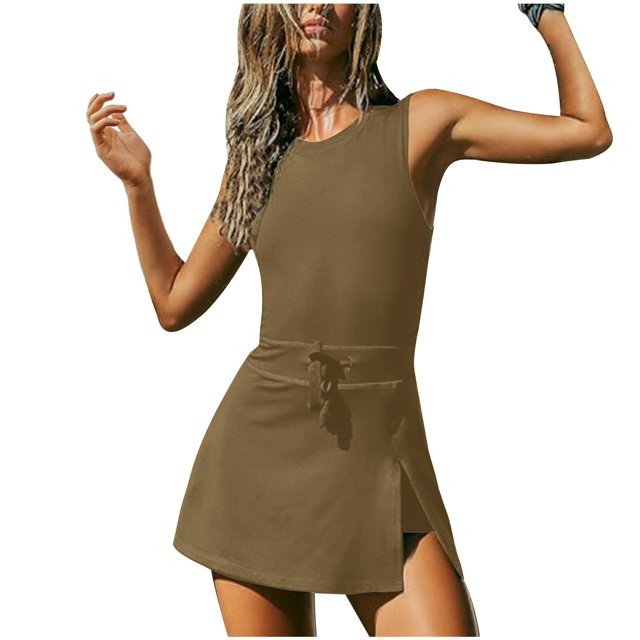 Timegard Womens Rompers Round Neck Sleeveless Drawstring Backless Workout Skirts Jumpsuit with Shorts