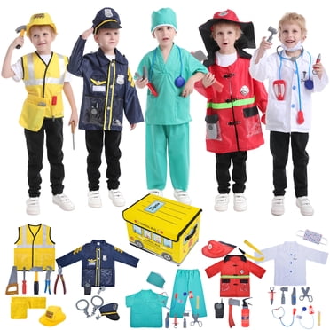 TOPTIE 5 Sets Kids Costumes with Gift Box, Dress up Costumes for Age 3-7 Boys Girls, Doctor Fireman Police Surgeon Worker