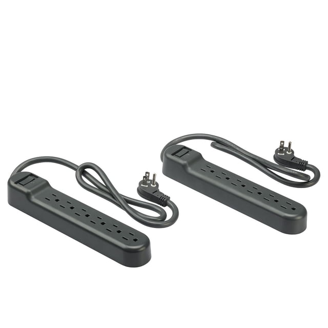 onn. 2.5 FT./76.2 cm 6-Outlet Surge Protectors 2-Pack in black, each with six AC outlets, right-angle plug, on/off switch with circuit breaker, and 2.5-foot cord, designed to protect computers and accessories from power surges and spikes.