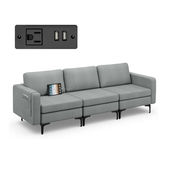 Costway Canapé Modulaire 3 Places avec Prises USB et Pochette de Rangement Latérale Gris Foncé