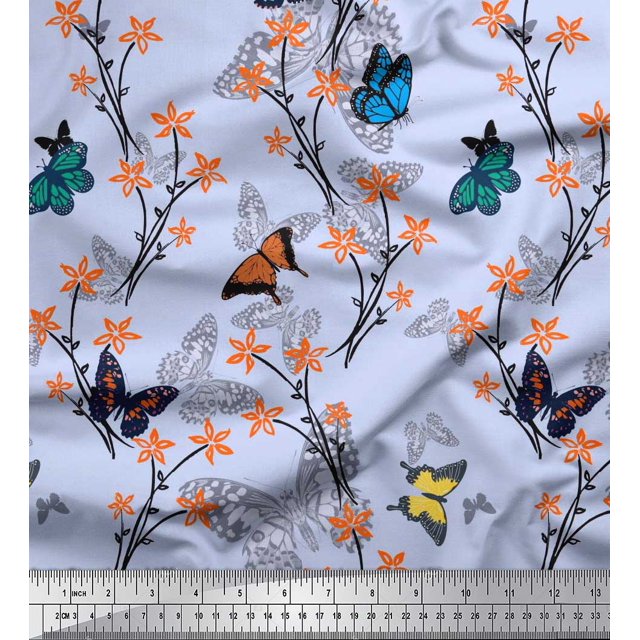 Soimoi Blue Modal Satin Fabric Flower & Butterfly Printed Fabric 1 Yard 42 Inch Wide