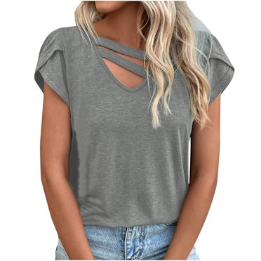 Timegard Hauts pour Femmes Été Col en V Pétale Manches Courtes T-Shirts Confortables Décontractés Amples Couleur Unie Hauts
